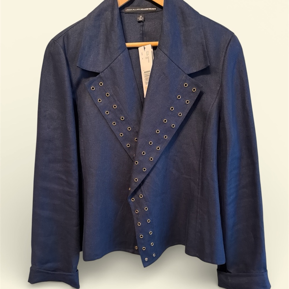 NWT Elegant Navy Linen Blazer with Eyelet Accents
